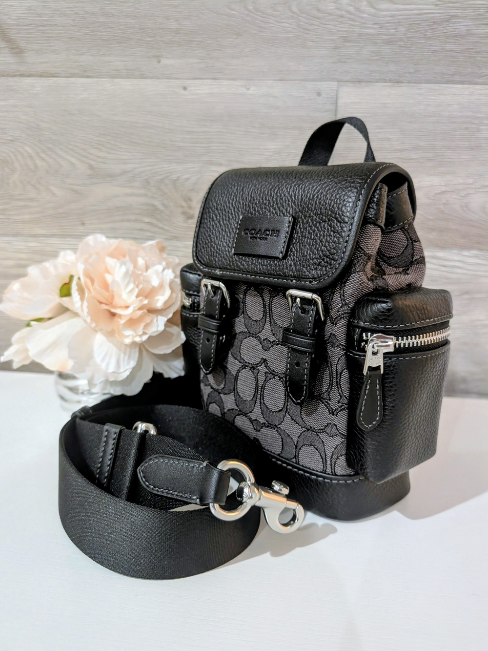 Coach Men's Black Signature Mini Backpack with Leather Trim